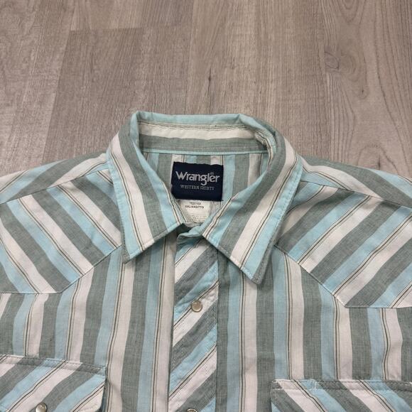 Vintage Wrangler Western Snap Button Shirt Men's 2XL Teal Striped 90s Cowboy - Picture 3 of 7